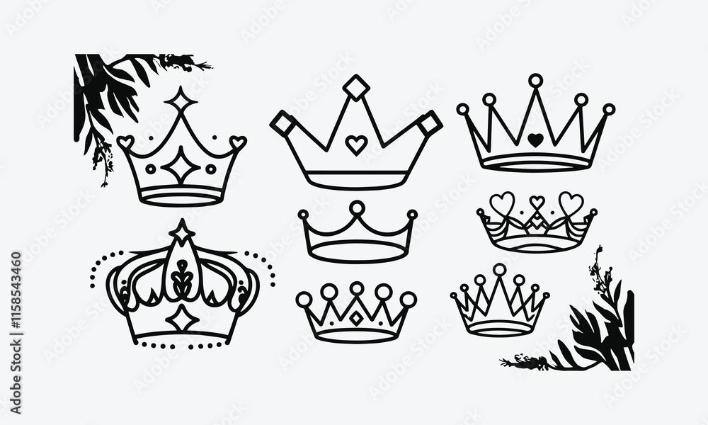 Crowns vector set in doodle style illustrations, Line sketch of the classic tiara for the head of princess and prince, crown of king and queen, emperor and empress. easily editable. Crowns vector set in doodle style illustrations, Line sketch of the classic tiara for the head of princess and prince, crown of king and queen, emperor and empress. easily editable.