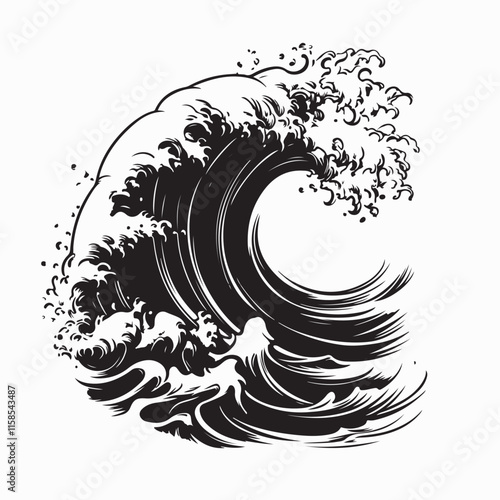 Black and white Big waves ocean image vector. Big waves ocean illustration isolated on white background.