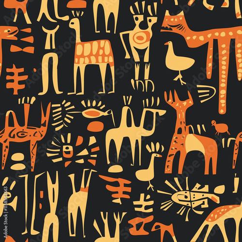 Colorful abstract pattern featuring stylized animals and figures, reminiscent of ancient art and tribal motifs. photo