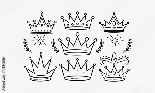 Crowns vector set in doodle style illustrations, Line sketch of the classic tiara for the head of princess and prince, crown of king and queen, emperor and empress. easily editable.
