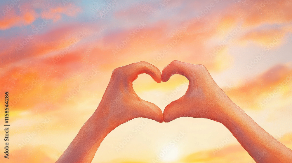 Fototapeta premium Hands forming heart shape against colorful sunset sky