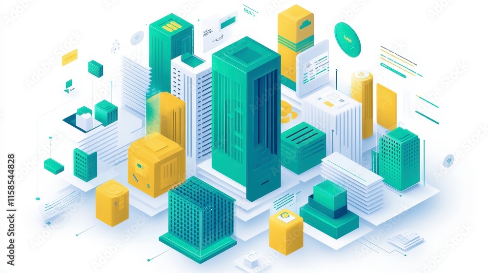 A vibrant cityscape illustration featuring various geometric buildings in shades of green and yellow, symbolizing urban development and modern architecture. A vibrant cityscape illustration featuring various geometric buildings in shades of green and yellow, symbolizing urban development and modern architecture.