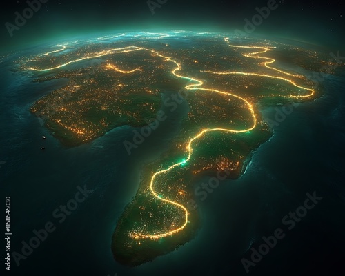 Night view of island highway, illuminated road winding through coastal cities. photo