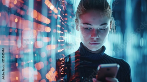 Young Woman Using Smartphone in Futuristic Digital Setting