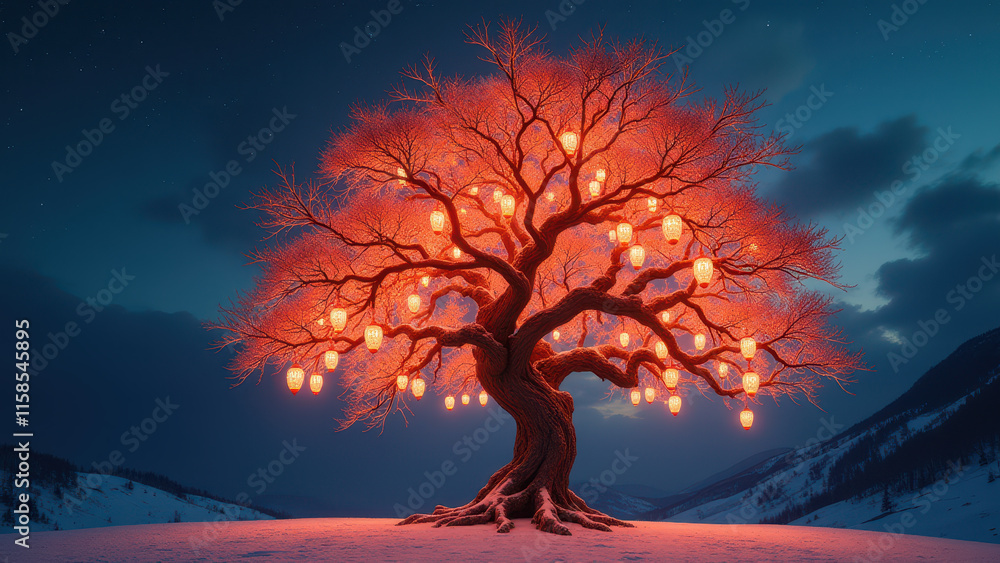 Illuminated Winter Tree with Lanterns - Fantasy/Magical Illuminated Winter Tree with Lanterns - Fantasy/Magical