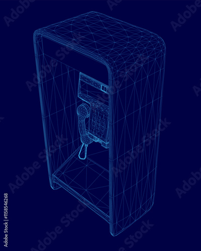 Blue 3D model of a telephone booth. The booth is made of a metal frame and has a glass window. The booth is designed to look like a futuristic phone booth with a modern touch