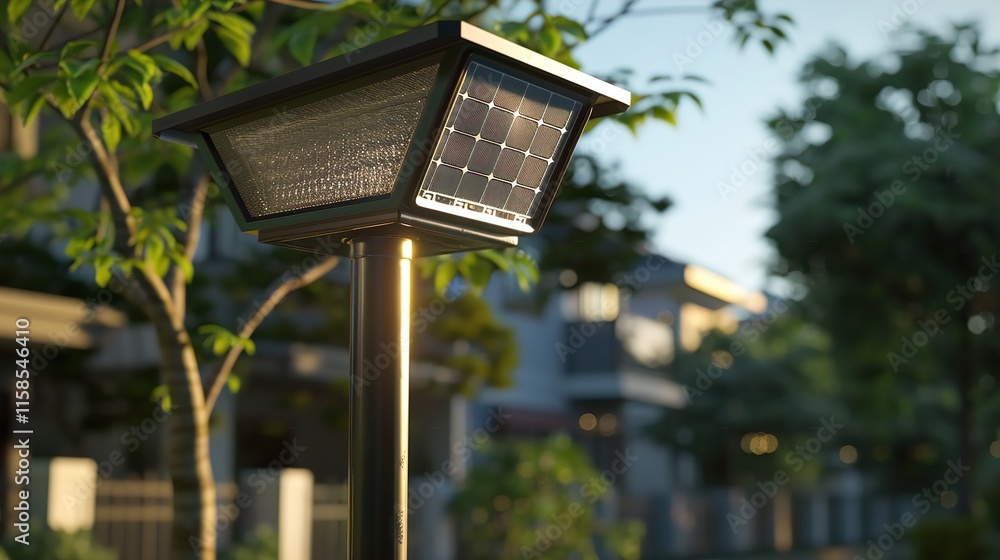 The image shows a garden lamp glowing warmly near green plants and flowers, with solar panels visible in the background under a clear blue sky. The image shows a garden lamp glowing warmly near green plants and flowers, with solar panels visible in the background under a clear blue sky.