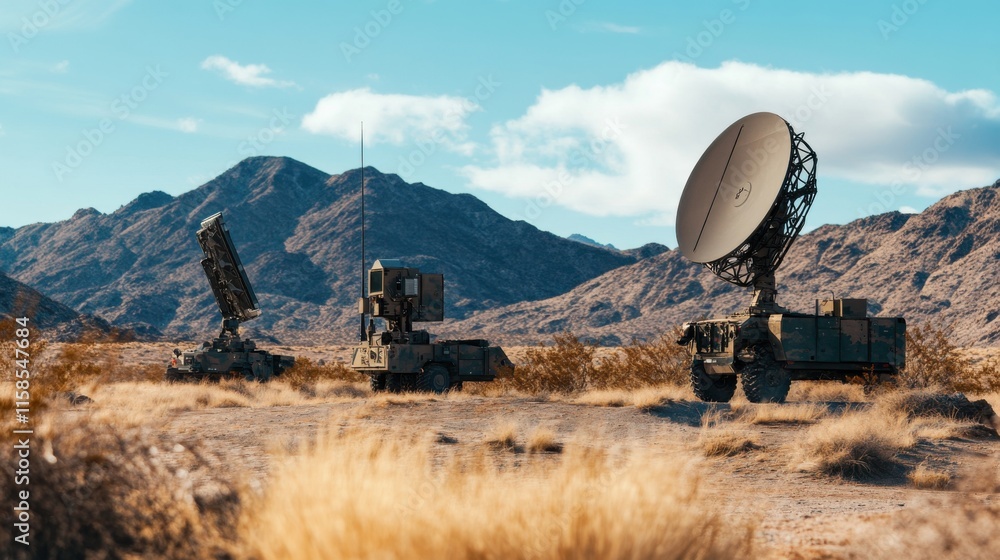 Military Radar Systems in Desert Mountain Landscape: Advanced Defense Technology in Arid Terrain Military Radar Systems in Desert Mountain Landscape: Advanced Defense Technology in Arid Terrain