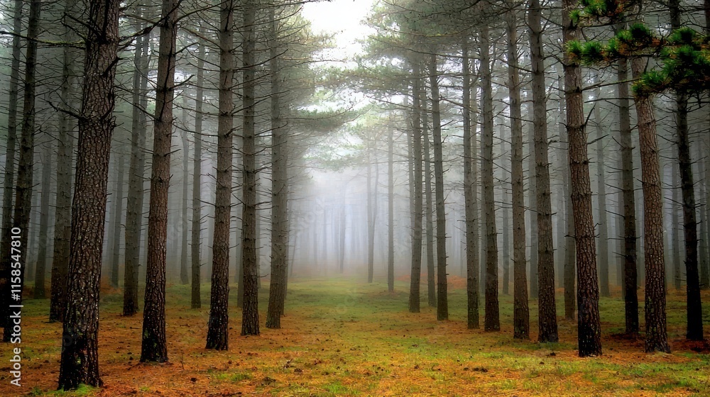 Obraz premium Misty pine forest path.