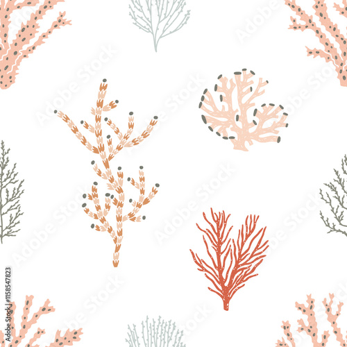 Seamless coral pattern. Exotic marine reef plants, branches and seaweeds, end...