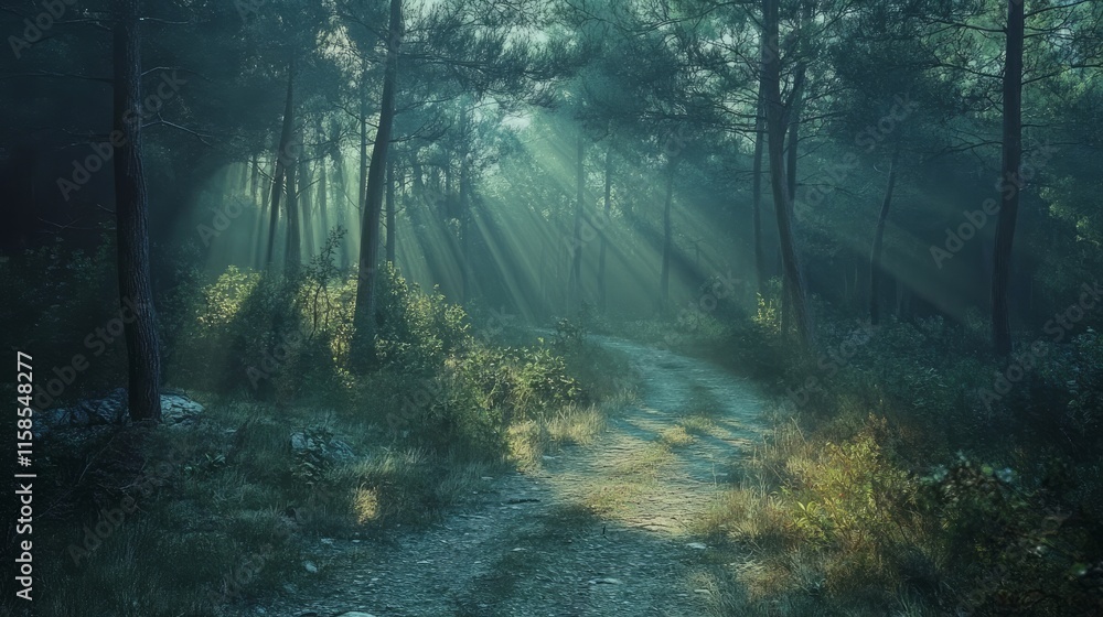 Naklejka premium The pine forest road was illuminated by bright rays of sunlight. Morning sun beams in a gorgeous landscape.