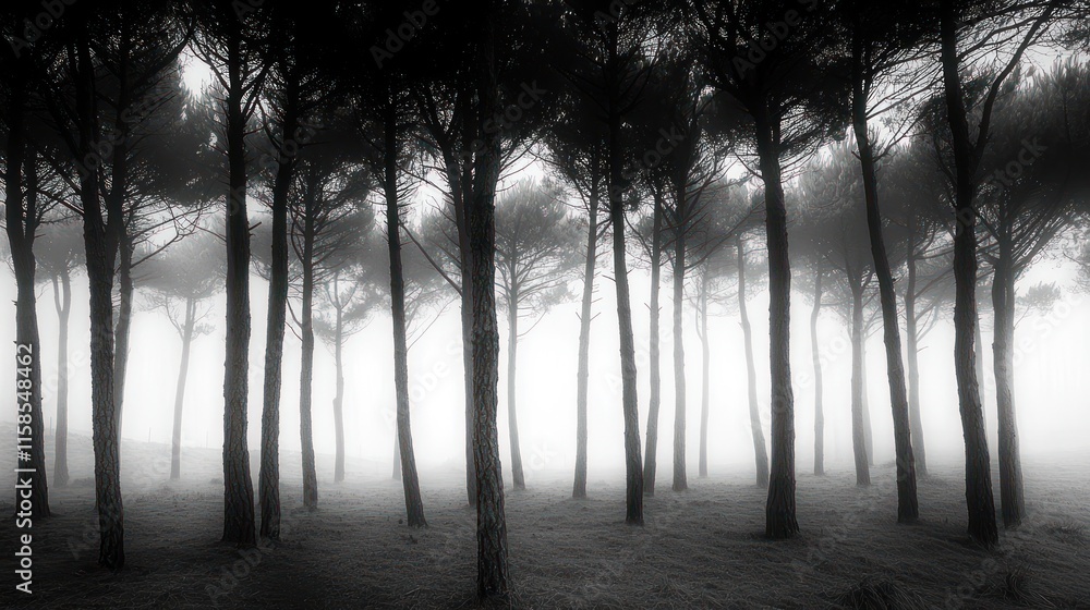 Monochromatic foggy forest scene with tall pine trees. Monochromatic foggy forest scene with tall pine trees.