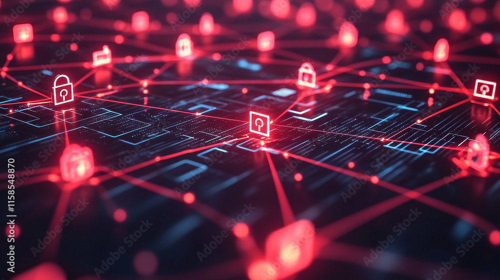 abstract dot network circle digital cyber security padlock connection and communication futuristic on red background. abstract dot network circle digital cyber security padlock connection and communication futuristic on red background.