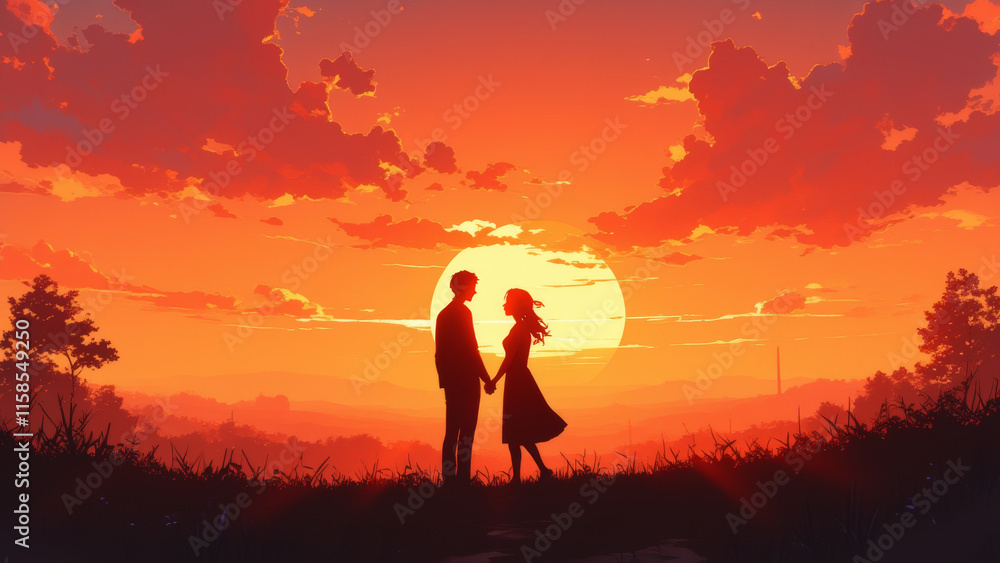 Obraz premium Illustration of a couple silhouette at sunset, symbolizing love and romance.