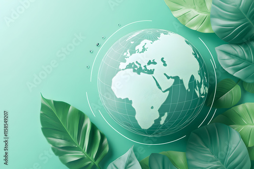 Green globe with tropical leaves on a gradient background symbolizing sustainability, nature, and eco-friendly concepts; ideal for environmental and global awareness designs photo