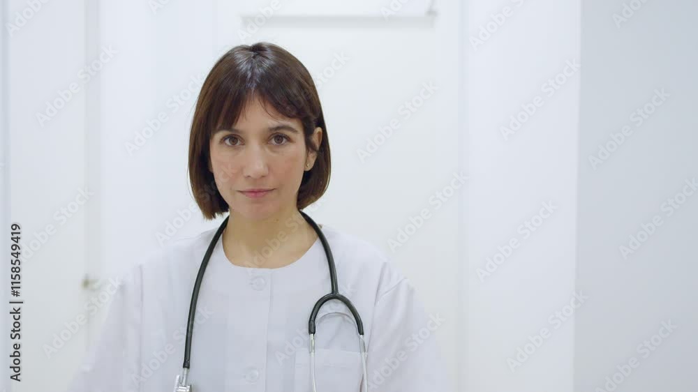 Female doctor wearing lab coat and stethoscope smiles confidently in a bright medical clinic hallway Female doctor wearing lab coat and stethoscope smiles confidently in a bright medical clinic hallway