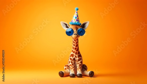 Celebration-ready giraffe posing with a festive party hat and cool blue glasses photo