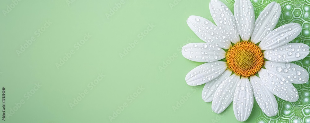 Daisy floral abstract background idea. A vibrant daisy with dew drops against a soft green background, symbolizing freshness.