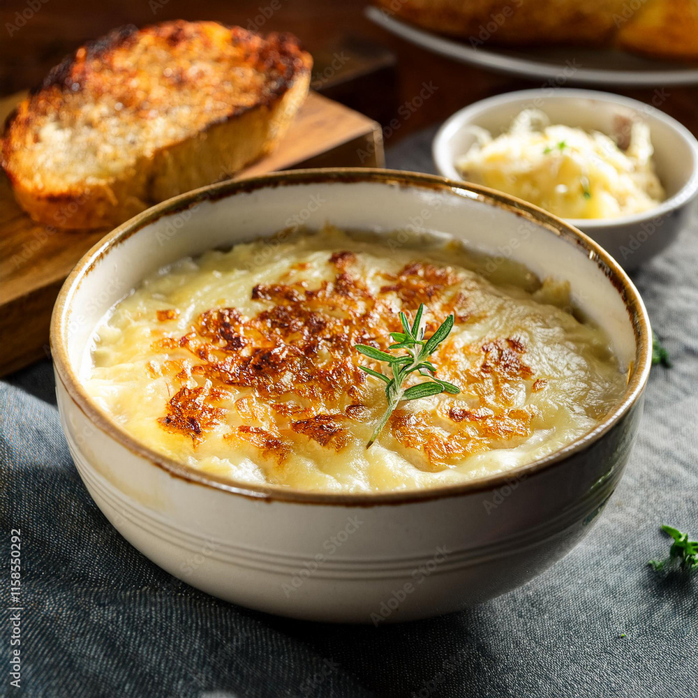 Steaming Bowl of French Onion Soup with Cheese Steaming Bowl of French Onion Soup with Cheese