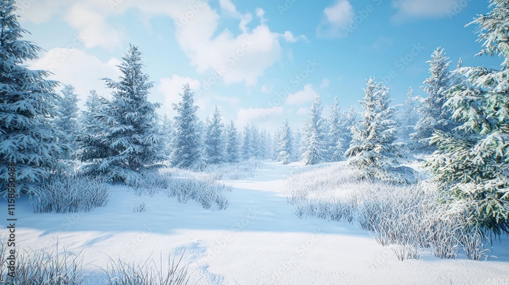 Snowy winter forest scene with sunlit path. Snowy winter forest scene with sunlit path.