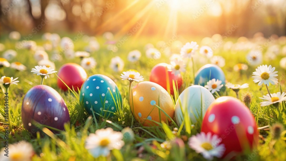 Multi-colored Easter Eggs hidden in wildflowers field with sunlight festive spring celebration concept