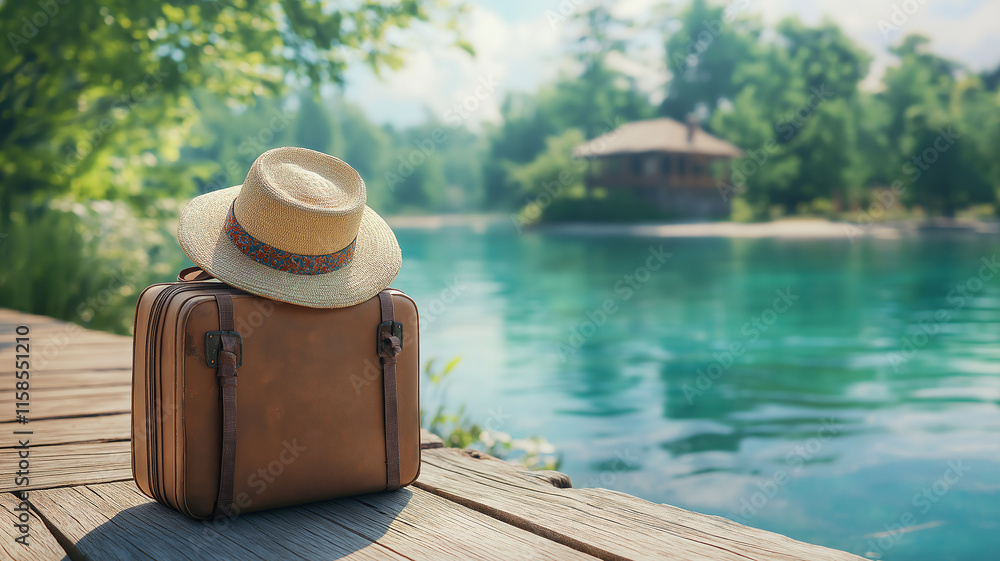 Travel suitcase with hat placed at lakeside house, perfect for a summer beach getaway. Travel suitcase with hat placed at lakeside house, perfect for a summer beach getaway.