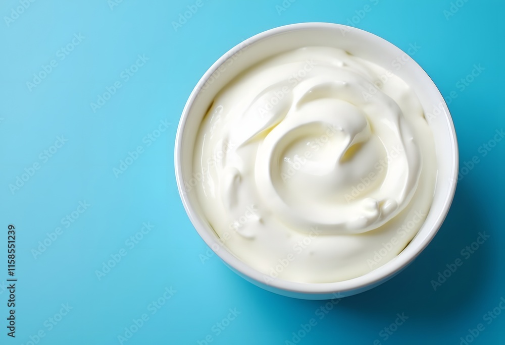 Bowl of tasty cream cheese on light blue background, space for text
Bowl of tasty cream cheese on light blue background, space for text