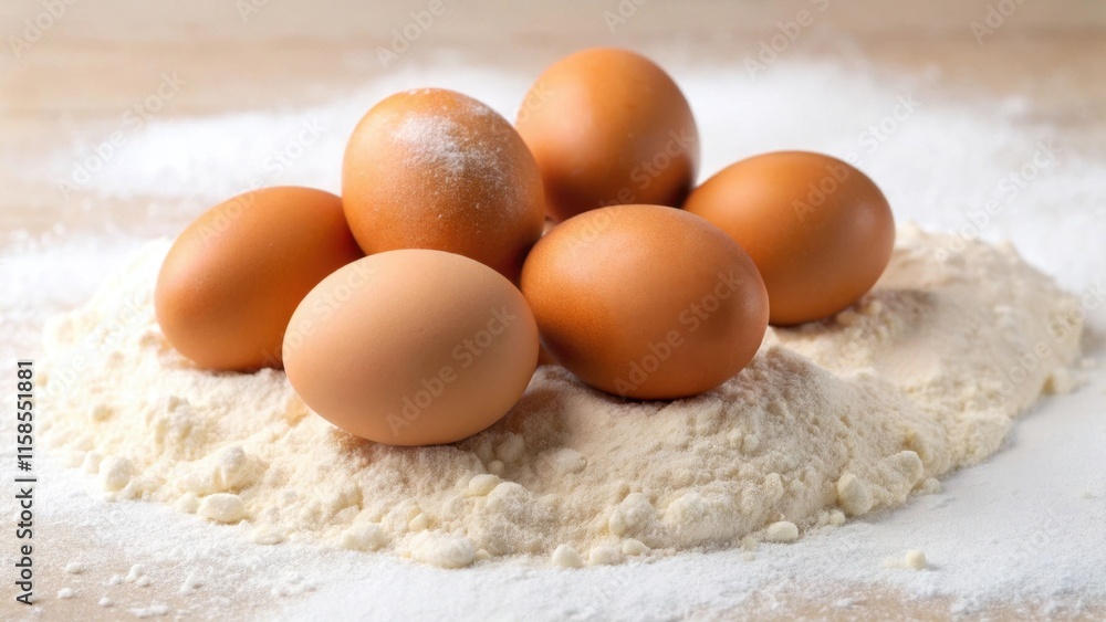 Classic baking concept with eggs and flour on wooden table Classic baking concept with eggs and flour on wooden table
