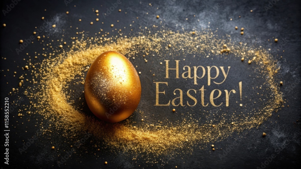 Fototapeta premium A Glittering Golden Easter Egg Surrounded by a Glittering Splash of Tiny Gold Particles on black background. Easter holiday concept
