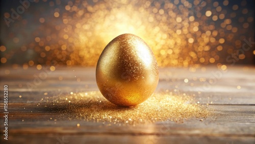 A Glittering Golden Easter Egg with Glittering Splashes and Tiny Gold Particles on golden blurred bokeh background. Easter holiday concept photo