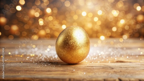 A Glittering Golden Easter Egg with Glittering Splashes and Tiny Gold Particles on golden blurred bokeh background. Easter holiday concept photo