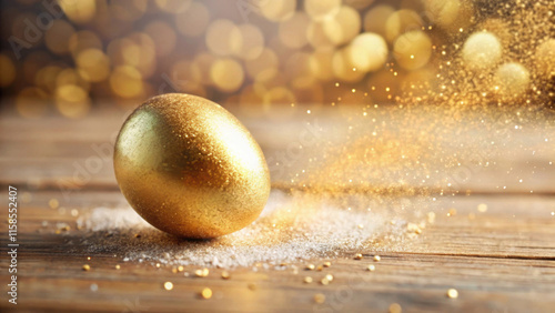 A Glittering Golden Easter Egg with Glittering Splashes and Tiny Gold Particles on golden blurred bokeh background. Easter holiday concept photo