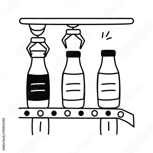 A factory conveyor belt with bottles being capped by robotic arms