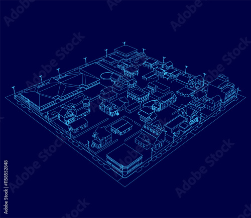 Blue drawing of a city with buildings and street lights. The drawing is in blue and is very detailed