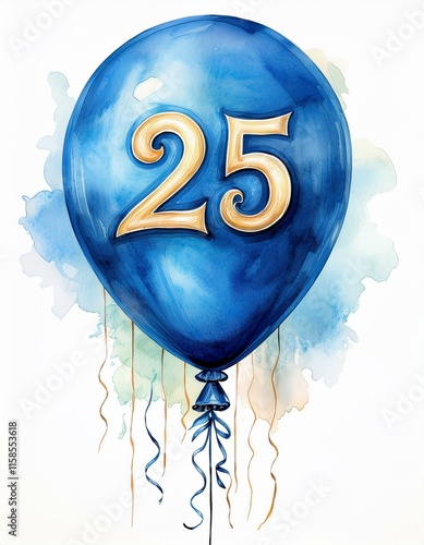 Blue birthday / anniversary balloon, number 25, watercolor painting with white background photo