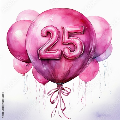 Pink birthday / anniversary balloon, number 25, watercolor painting with white background photo