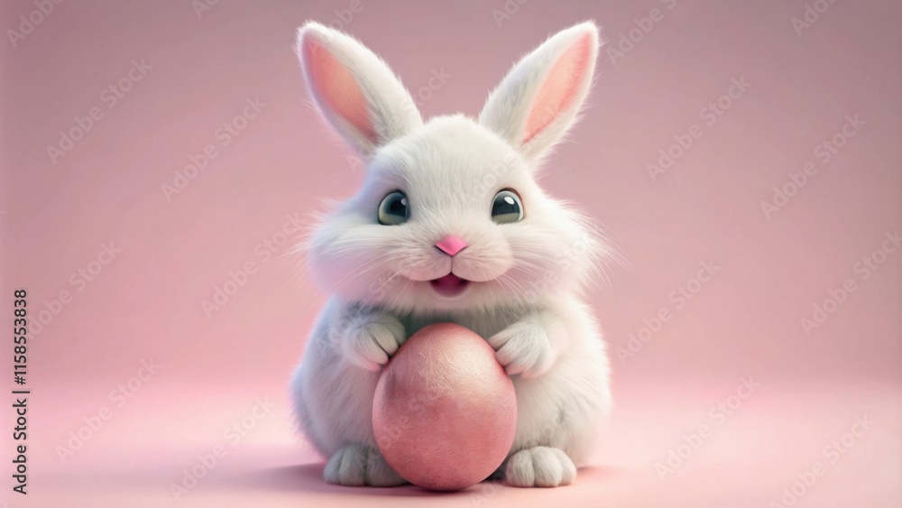 Obraz premium Cute white rabbit holding colorful easter egg on pastel background, concept of Easter celebration 