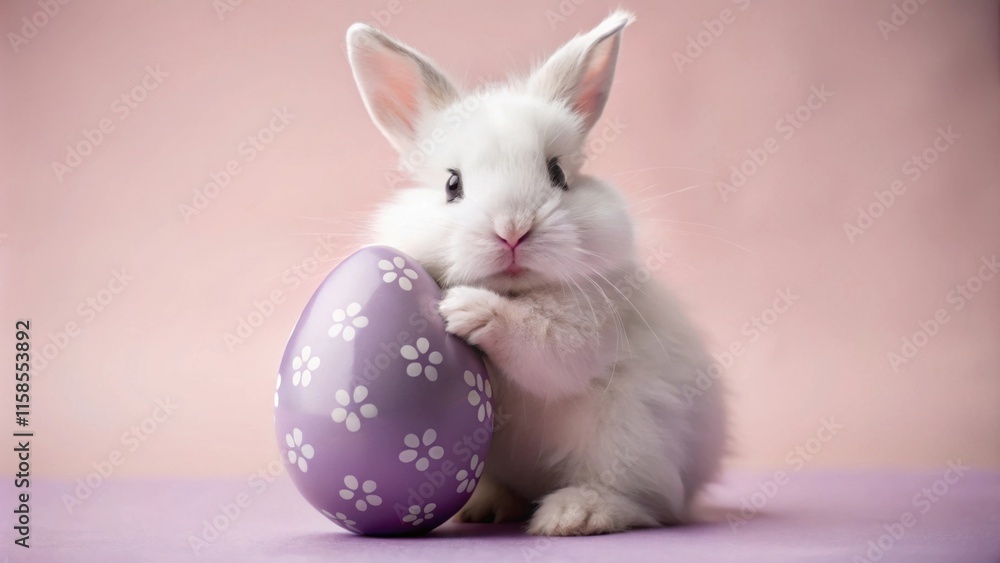 Fototapeta premium Cute white rabbit holding colorful easter egg on pastel background, concept of Easter celebration 