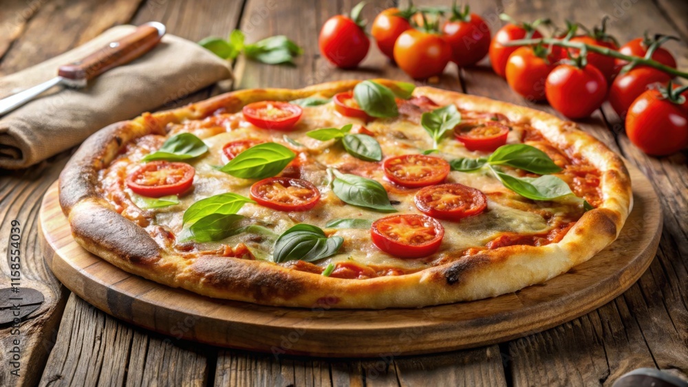 Appetizing margherita pizza with mozzarella cheese, tomato sauce, basil on wooden table, concept of Italian cuisine Appetizing margherita pizza with mozzarella cheese, tomato sauce, basil on wooden table, concept of Italian cuisine