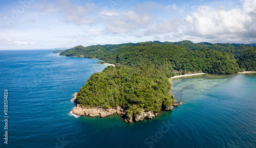 Scenic Panorama Aerial Drone Picture of White Sand Beach and Jungle in Cove and Jungle, near Ariel's Point and Boracay in Buruanga, Aklan, Philippines