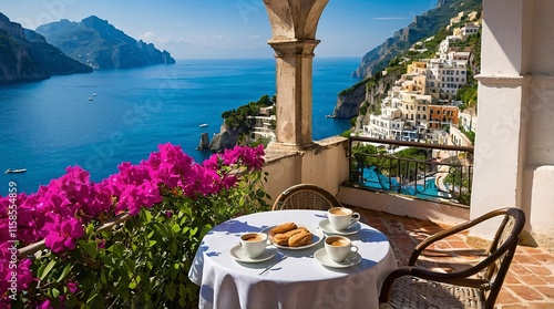 Sunlit terrace overlooking the Amalfi Coast, where coffee and pastries create a perfect morning moment amidst breathtaking views