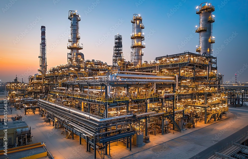 Fototapeta premium modern oil and gas plant with large steel pipes, an industrial background