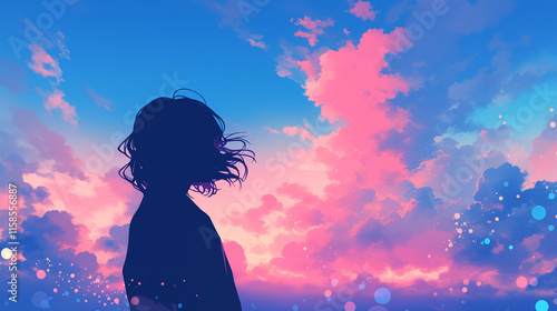女性の後ろ姿と夕暮れの空