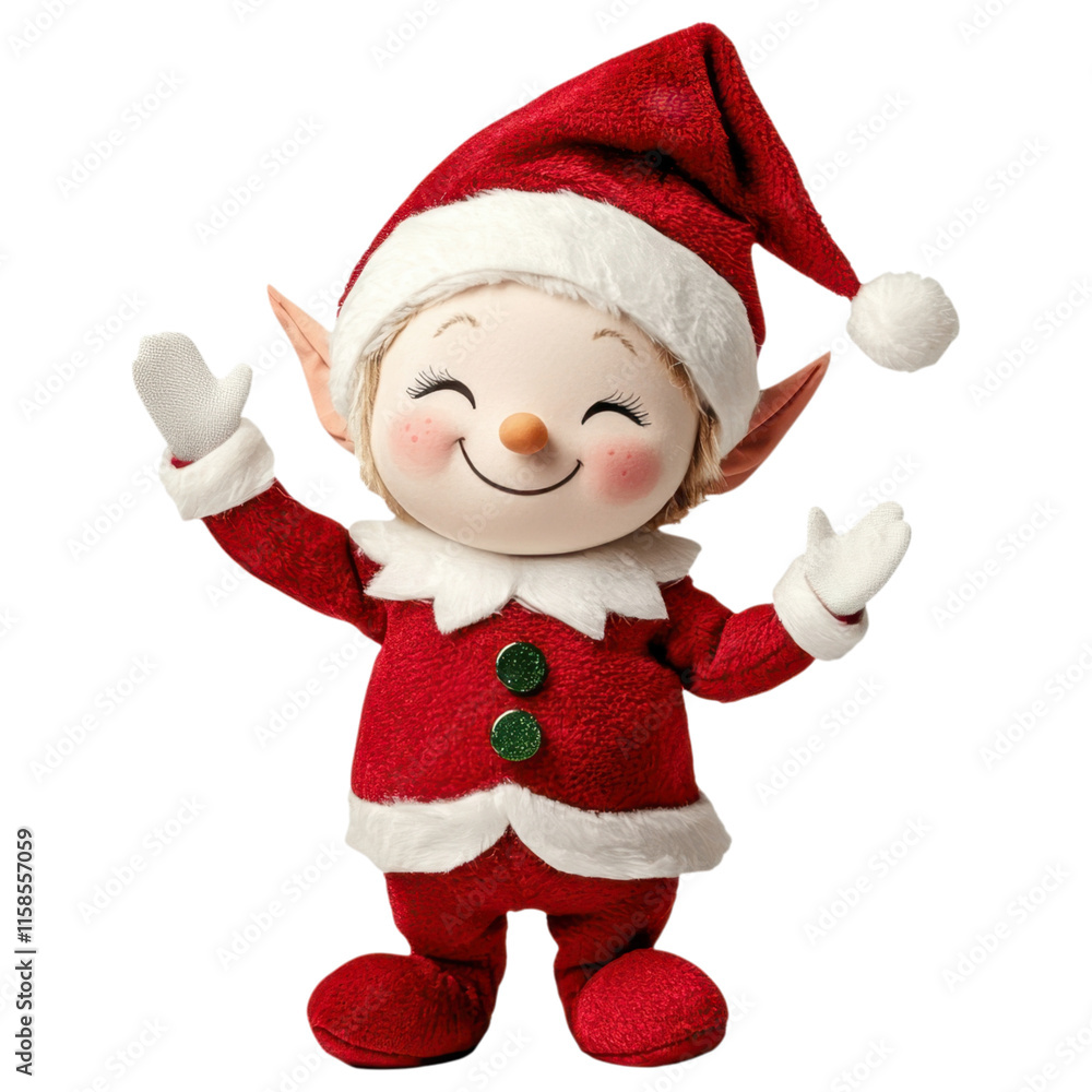 A cheerful elf doll wearing a red outfit with a white collar, waving happily with a big smile. A cheerful elf doll wearing a red outfit with a white collar, waving happily with a big smile.