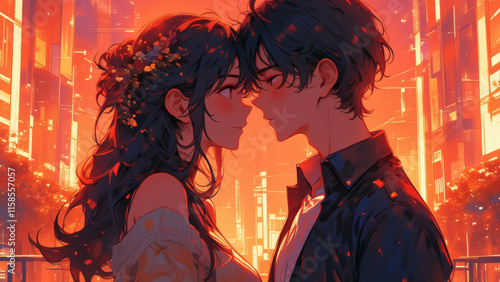 Illustration of love expressed through romantic hugs, kisses, and emotional connection.