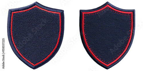 Two shield-shaped patches with red outlines, featuring textured surfaces suitable for embroidery or insignia applications. photo