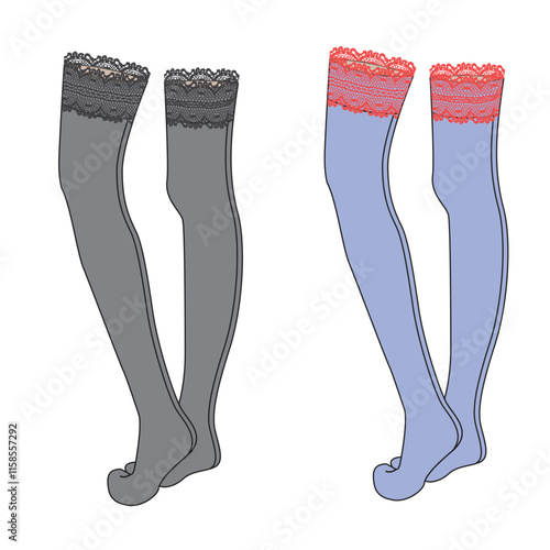 Lace thigh high socks for women technical flat drawing vector mockup illustration.