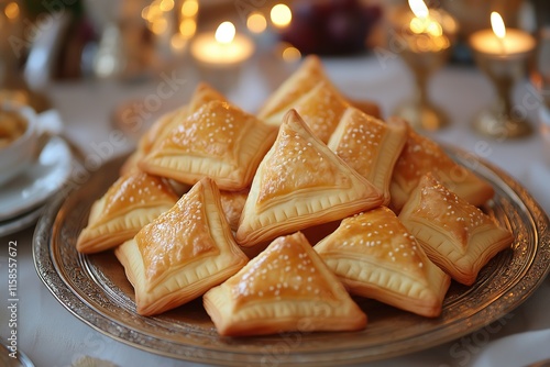 Delicious hamantaschen centerpieces displayed for a joyful Purim celebration at a festive gathering photo