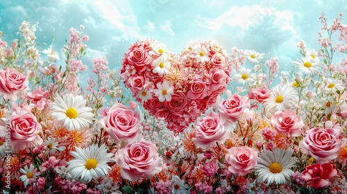 Wallpaper Mural A heart of roses and daisies in a vibrant flower field under a bright sky, conveying joy Torontodigital.ca