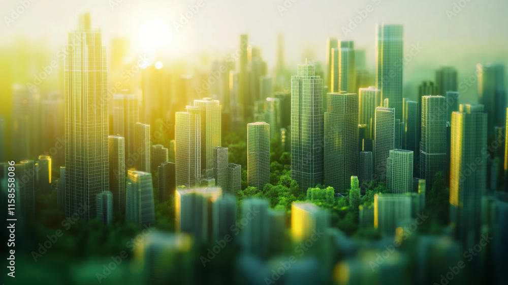 Fototapeta premium Urban growth sunrise over city skyline aerial view modern architecture nature integration